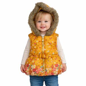 Little Lass Mustard Floral Puffer Vest Faux Fur Hood 18M